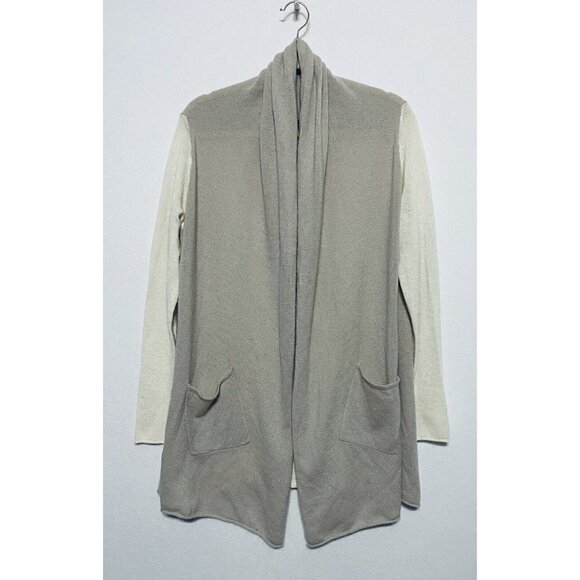 Cullen Womens Medium Taupe Ivory Colorblock Open Front Cardigan 100% Cashmere - Picture 1 of 7